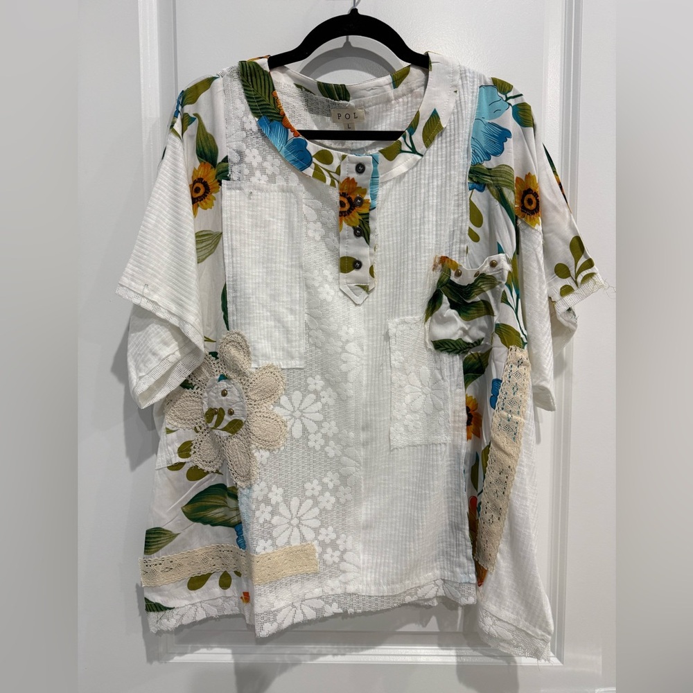 POL Floral Patchwork Blouse with Lace Accents NEW